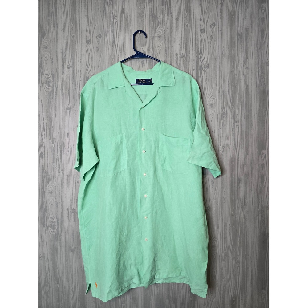 Polo Ralph Lauren Linen Silk Shirt Mens LT Camp Collar Mint Green Short Sleeve